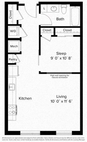 Floor plan for 1 bed, 1 bath, 630 sqft